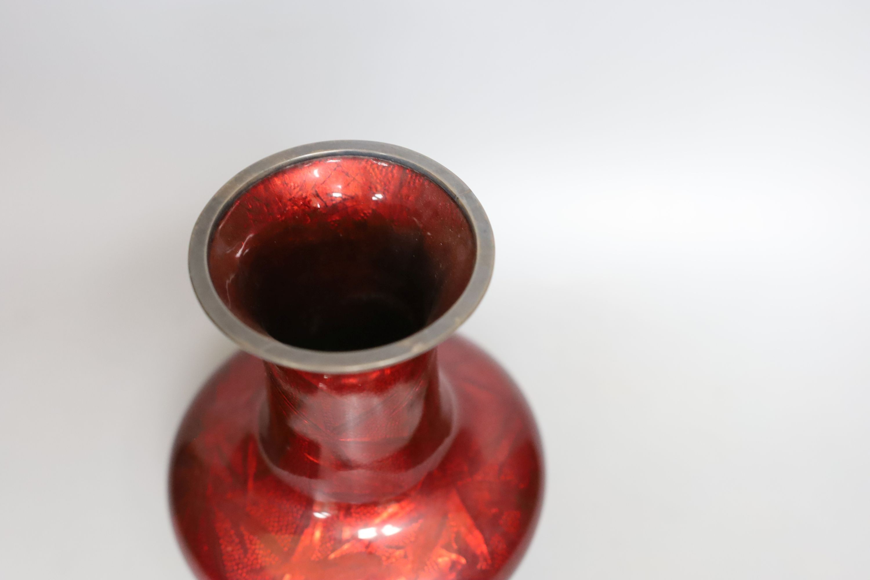 A Japanese red Ginbari enamel vase, by Ando, Taisho period, marked to base - 19cm tall, probably silver rimmed